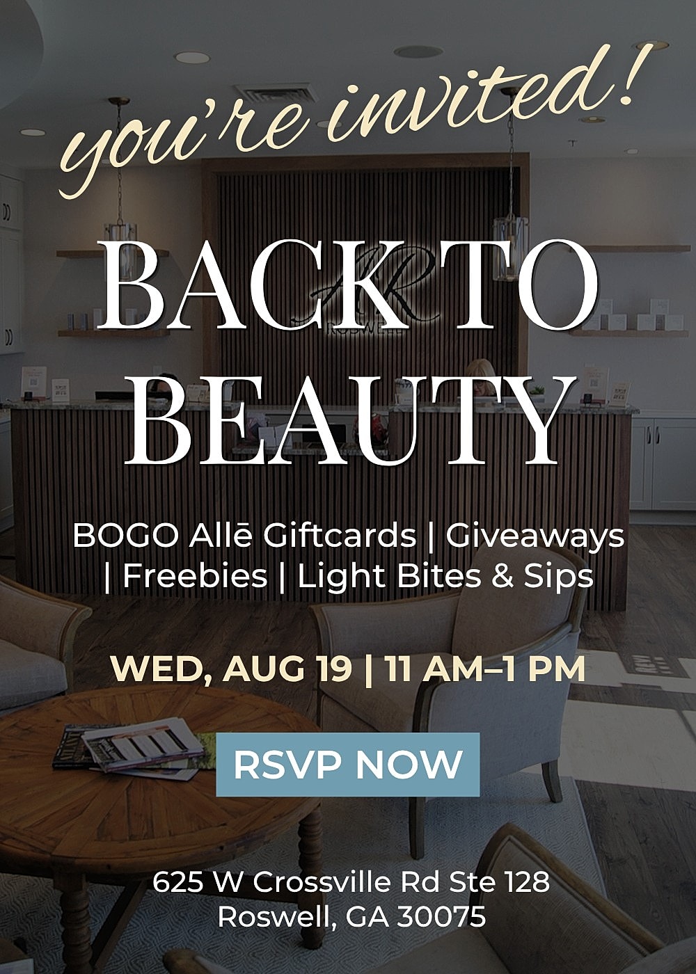 Beauty event invitation with giveaways and refreshments.