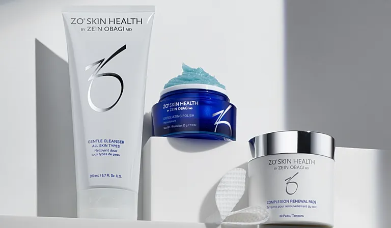 ZO Skin Health skincare products displayed on shelf.