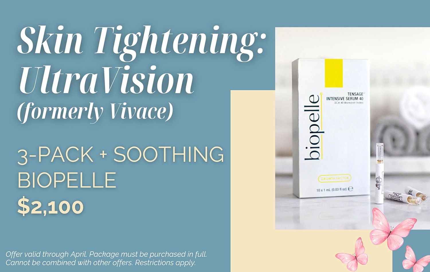 Skin tightening serum promotion and pricing details.