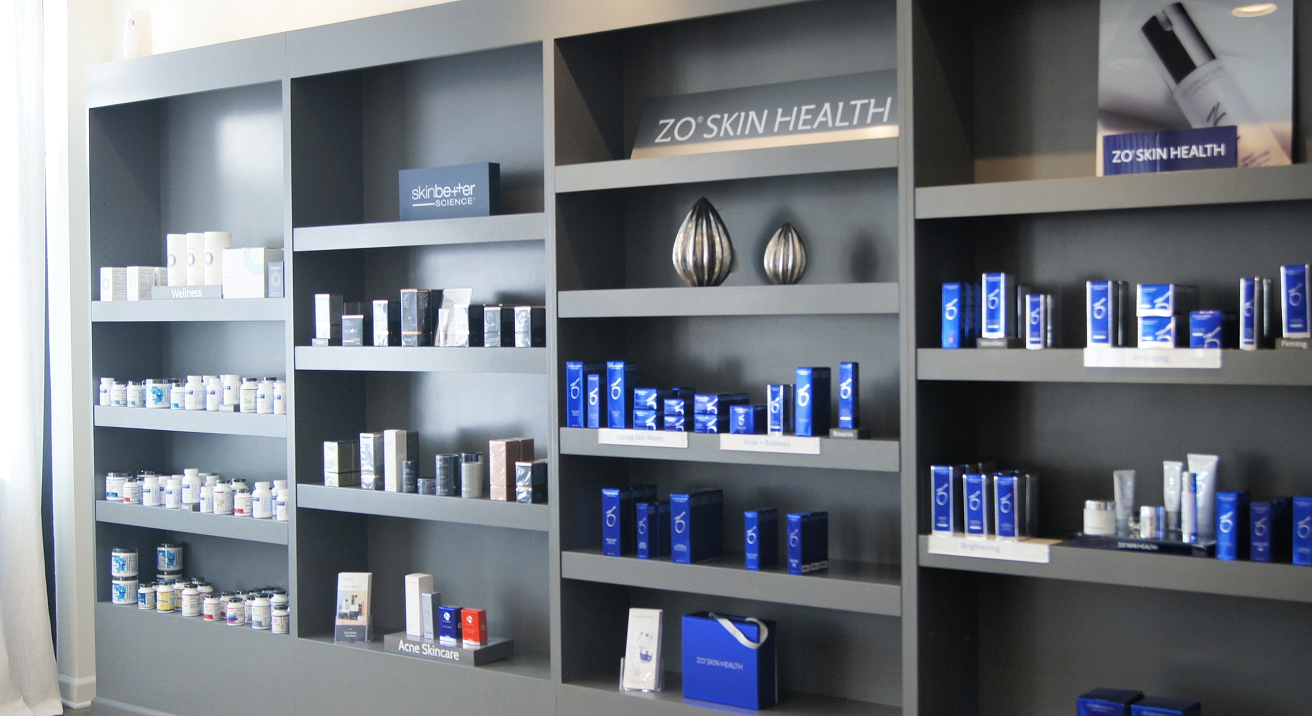 Display of skincare products on shelves