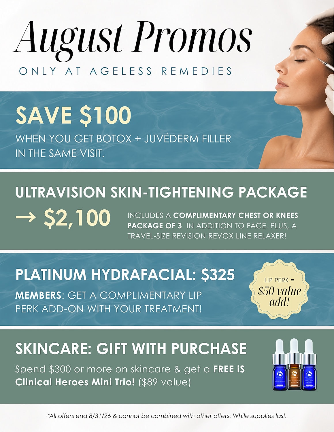August promotions for skincare and treatments.